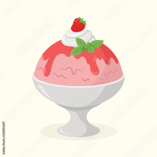 Delicious ice cream in a bowl with topping, strawberry, mint leaves and whipped cream. Dessert vector illustration.
