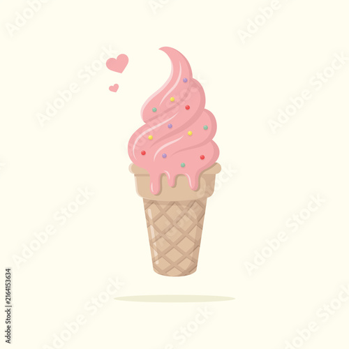 Delicious strawberry ice cream in waffle cone with sprinkles. Summer dessert vector illustration.