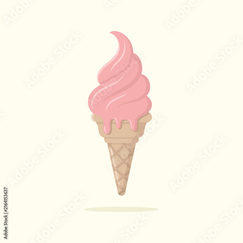 Delicious strawberry ice cream in waffle cone. Summer dessert vector illustration.