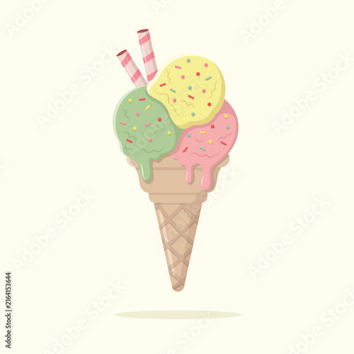 Delicious lemon, pistachio and strawberry ice cream scoops in waffle cone with sprinkles and wafer rolls. Summer dessert vector illustration.
