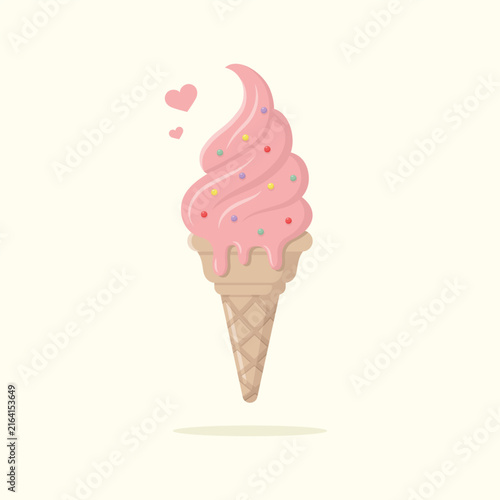 Delicious strawberry ice cream in waffle cone with sprinkles. Summer dessert vector illustration.