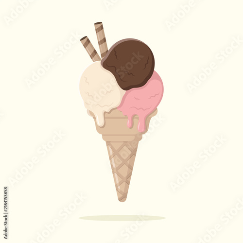 Delicious vanilla, chocolate and strawberry ice cream scoops in waffle cone with wafer rolls. Summer dessert vector illustration.