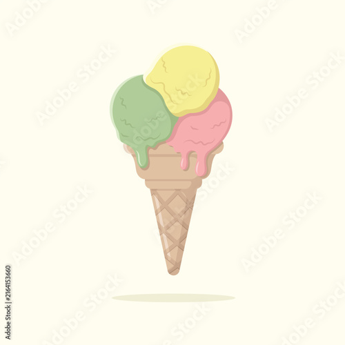 Delicious lemon, pistachio and strawberry ice cream scoops in waffle cone. Summer dessert vector illustration.