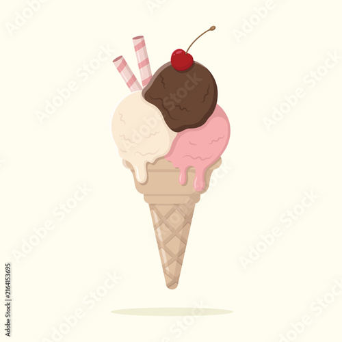 Delicious vanilla, chocolate and strawberry ice cream scoops in waffle cone with cherry and wafer rolls. Summer dessert vector illustration.