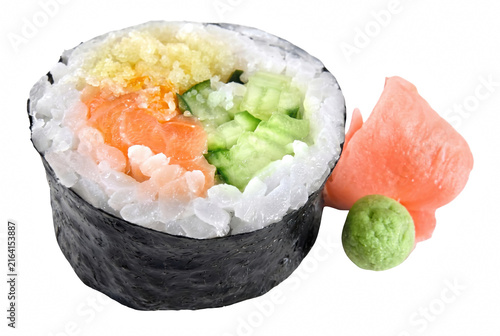 Принти на полотні Fresh Salmon and Cucumber Sushi Roll with Ginger and Wasabi