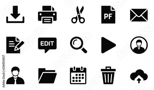 Foto Collection of Office and Digital Icons: A graphic compilation of essential icons for office tasks and digital operations, including download, print, edit, search, mail, and file management