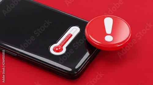 Smartphone with overheating warning symbol and thermometer icon on red