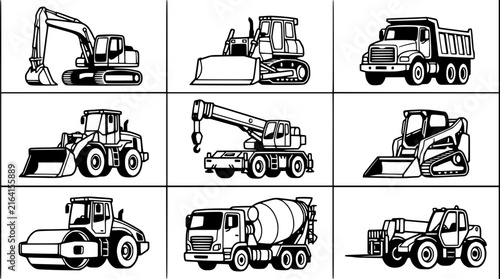 Construction Vehicles Arranged in a Grid Pattern, Monochrome Vector Illustration
