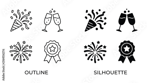 Celebration Icons Set: A graphic collection featuring outline and silhouette icons for celebration, including party popper, champagne glasses, fireworks, and award ribbon.