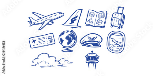 Air travel flight equipment, aviation transportation vacation gear, and airport elements doodle collection set Vector Illustration