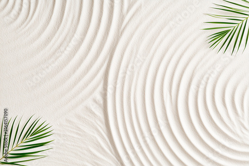 Minimalist Zen Sand Waves with Green Palm Fronds from Above