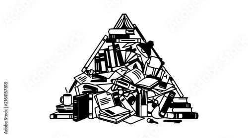 Stacked Objects Pyramid, Chaotic Pile of Books, Papers, and Items, Illustration of Clutter and Disorganization