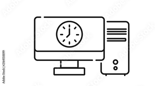 Desktop computer tower and monitor with clock symbol on screen icon. Black line art style on white background.