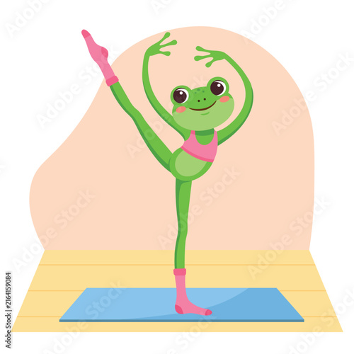 Funny cartoon vector illustration of an athletic green frog performing an elegant ballet pose and dancing gracefully on a blue yoga mat, featuring whimsical animal fitness and dance concepts