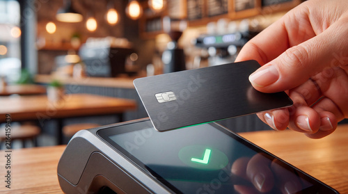 Hand holding a blank black credit card over a contactless payment terminal with a green checkmark inside a cozy cafe.