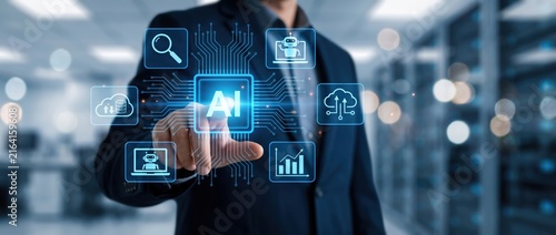 Business professional interacting with ai technology interface in modern office environment showcasing digital innovation and data management solutions