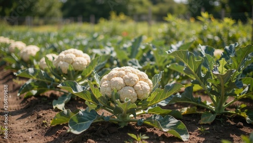 Fresh organic cauliflower heads growing in rows on a sunny farm field. Perfect for healthy eating and sustainable agriculture conceptual projects.