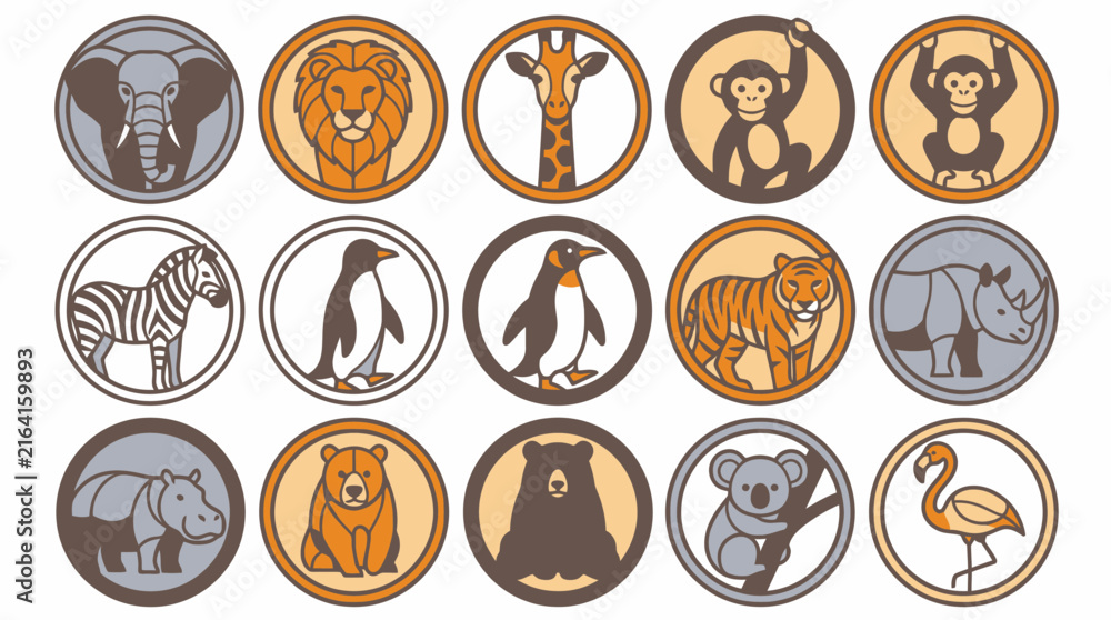 Naklejka premium Vector Cute cartoon animals set in round badges vector illustration. EPS Editable