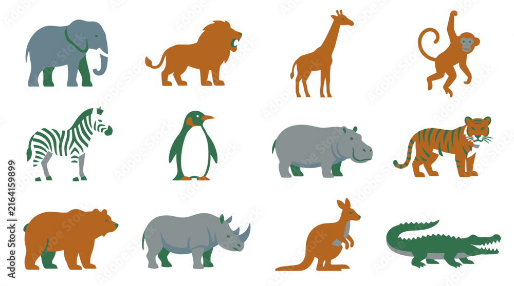 Naklejka premium Vector Cute Cartoon Animals Set Collection of Wild Safari Creatures. EPS Editable