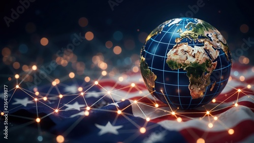 A glowing globe rests on an American flag with digital network connections. Ideal for global politics, international relations, and US foreign policy concepts.