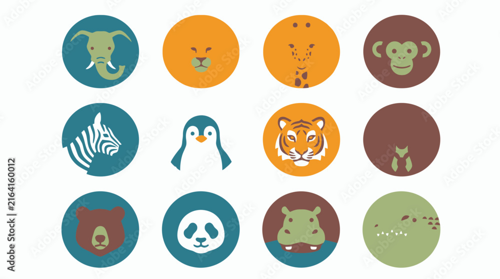 Naklejka premium Vector Cute cartoon wild animals vector set with colorful circular icons of cute zoo characters. EPS Editable