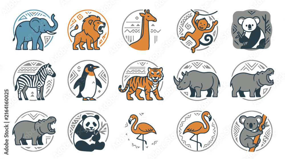 Naklejka premium Vector Cute hand drawn animal stickers collection featuring various wild fauna characters. EPS Editable