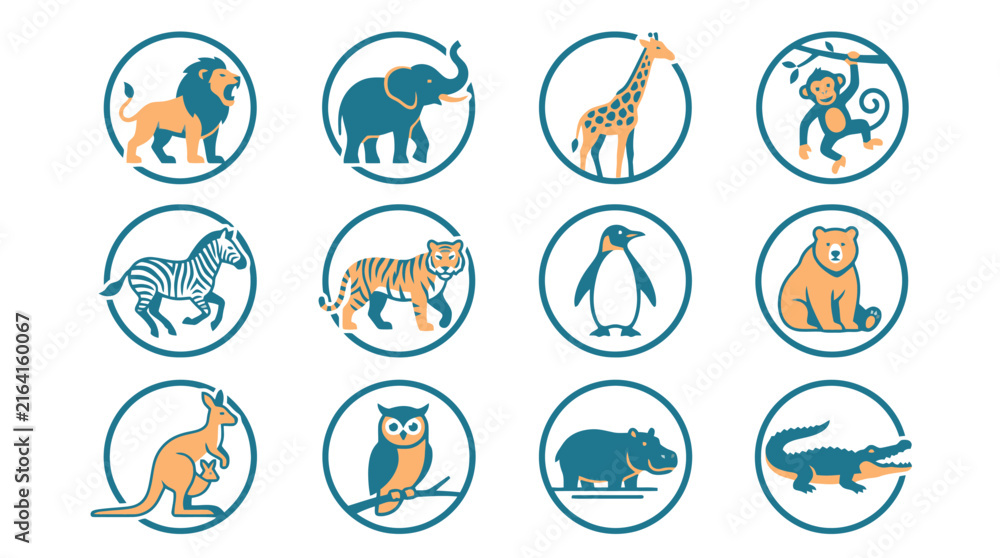 Naklejka premium Vector Cute hand drawn wildlife animal badges set with cute characters. EPS Editable