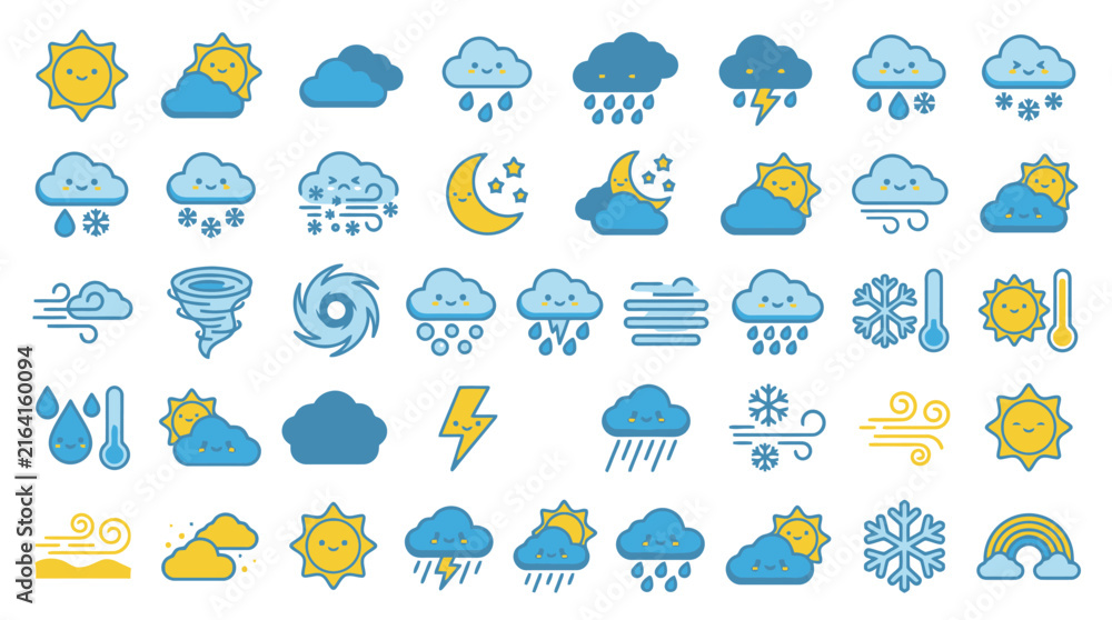 Fototapeta premium Vector Cute weather icons collection with sun rain snow and wind. EPS Editable
