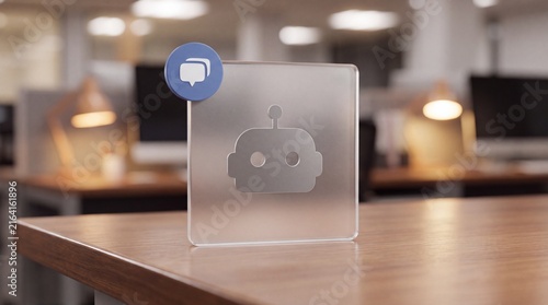 Frosted glass card featuring a robot icon standing on an office desk