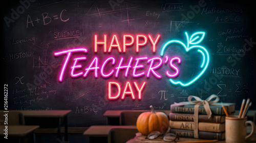 Neon happy teacher's day sign with glowing apple and books on desk