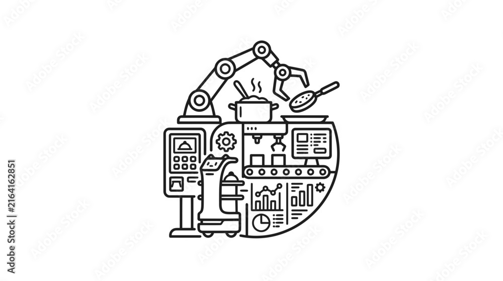 Naklejka premium Robotic automation line features mechanical arms and cooking pots in a detailed vector illustration.