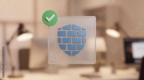 Firewall shield icon made of bricks with a green checkmark badge