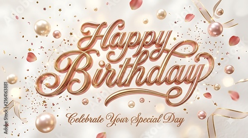 Happy Birthday 3D Gold Typography with Floating Confetti and Pearls for Celebration