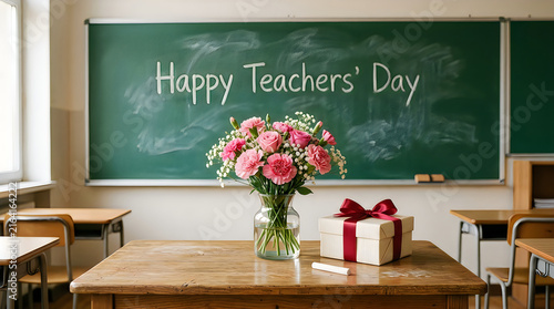 Happy teachers day celebration in classroom with flowers and gifts