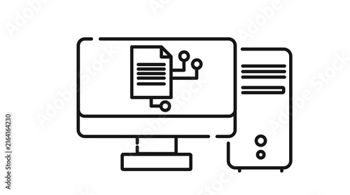 Desktop computer tower and monitor with AI circuit document symbol on screen icon. Black line art style on white background.