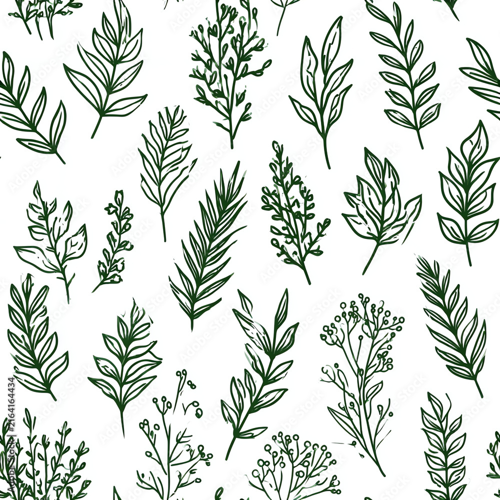 Fototapeta premium Simple Botanical Seamless Pattern with Hand-Drawn Leaves and Branches