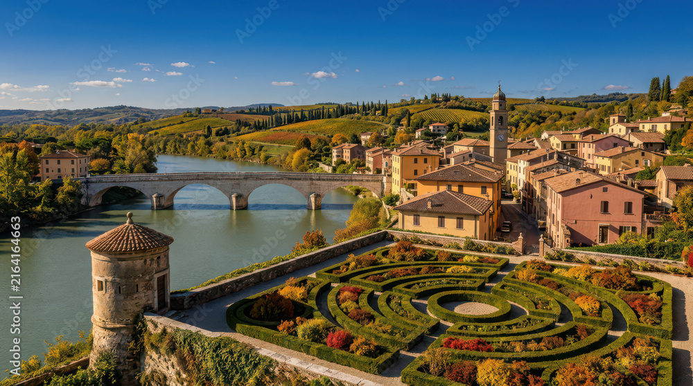Obraz premium Scenic view of historic european town with river bridge and formal garden generated using ai