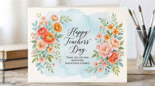 Happy teachers day card with colorful flowers and thank you message