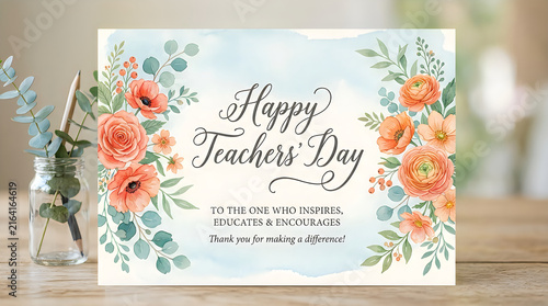 Happy teachers day card with flowers and thank you message