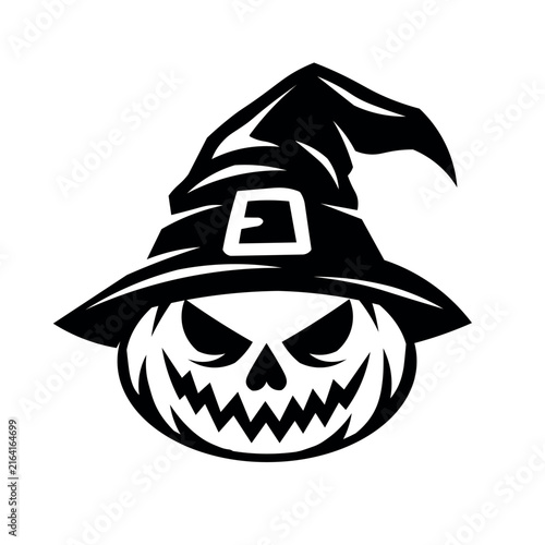 Spooky jack-o-lantern with witch hat and menacing grin for Halloween celebrations, vector icon