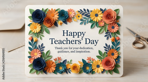 Happy teachers day card with colorful flowers and thank you message