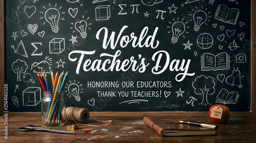 World teachers day chalkboard with education icons and thank you message