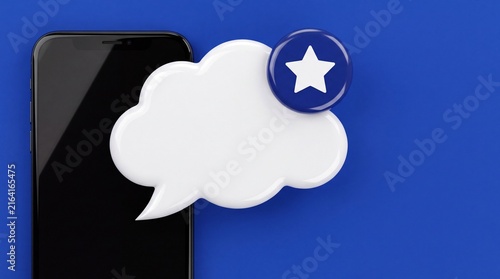 Smartphone with speech bubble and favorite star icon on blue background