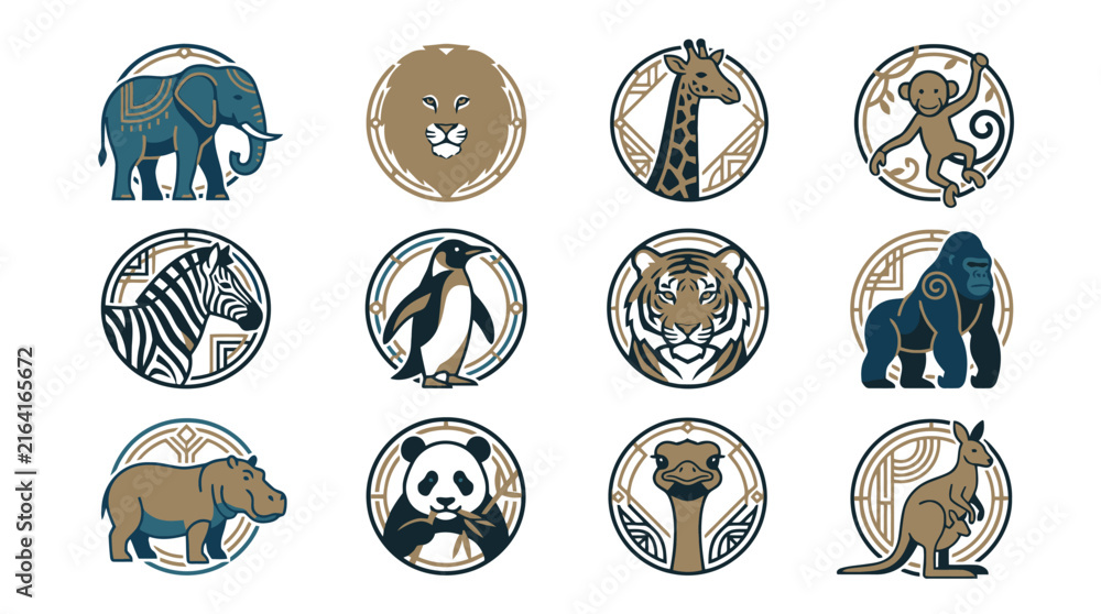 Naklejka premium Vector Set of round animal illustrations including elephant lion giraffe monkey zebra penguin tiger gorilla hippopotamus panda ostrich and kangaroo. EPS Editable