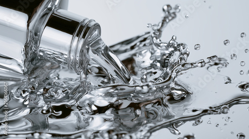Mirror chrome nail polish exploding from a bottle, hyper-reflective silver splash, surreal shine, polished metallic effect on white background, high-gloss cosmetic shot mirror poli