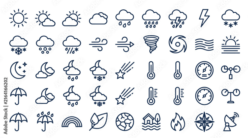 Fototapeta premium Vector Weather forecast icons set outline illustration. EPS Editable