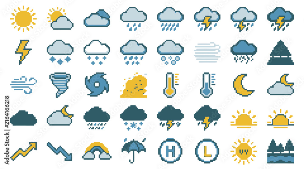 Fototapeta premium Vector Weather icon set with sun rain clouds and lightning symbols. EPS Editable