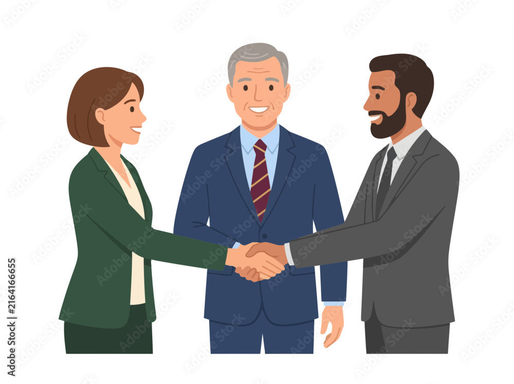 Fototapeta premium Three professional business people shaking hands in a corporate office setting.