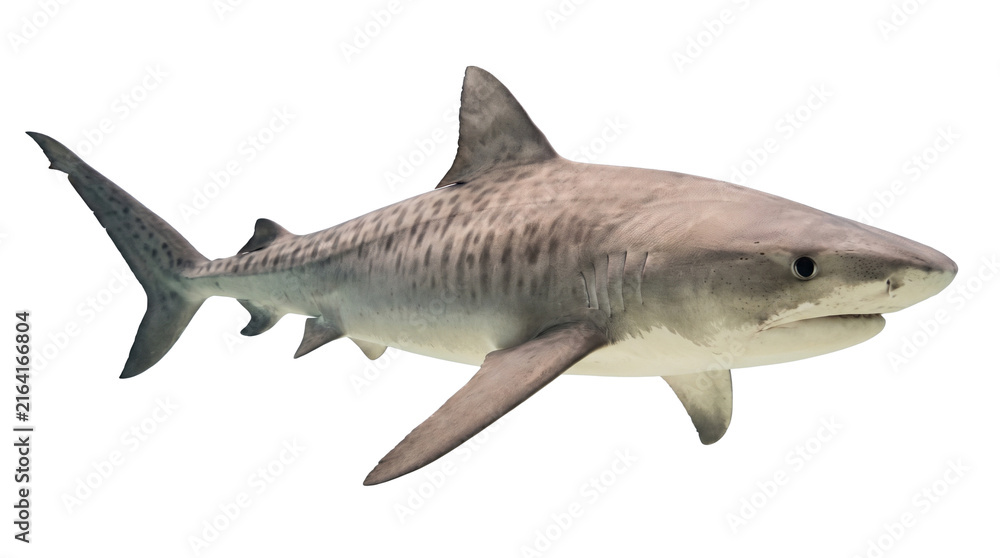 Obraz premium Tiger Shark Isolated Cutout PNG Element with Transparent Background for Marine Life Graphic Design