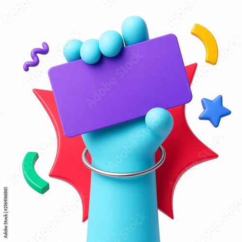 Cartoon blue hand holding purple blank rectangular sign surrounded by colorful abstract shapes against white background